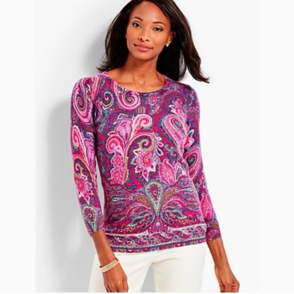 TALBOTS Vineyard Paisley Cashmere Sweater Sz S Pink Gray Excellent